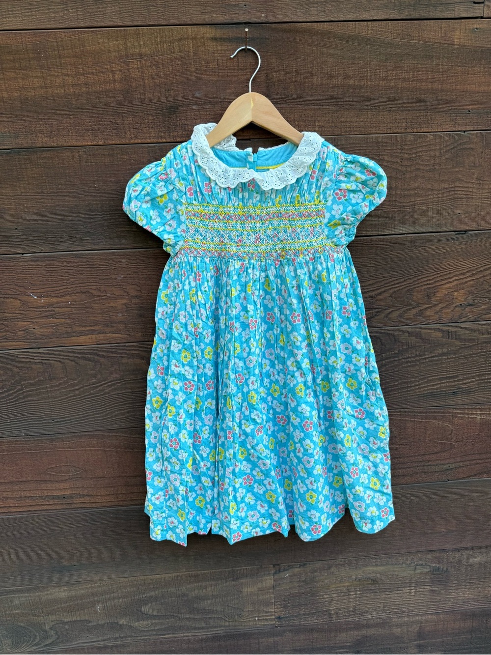 Mini Boden Aqua Floral Smocked Dress with Lace Collar